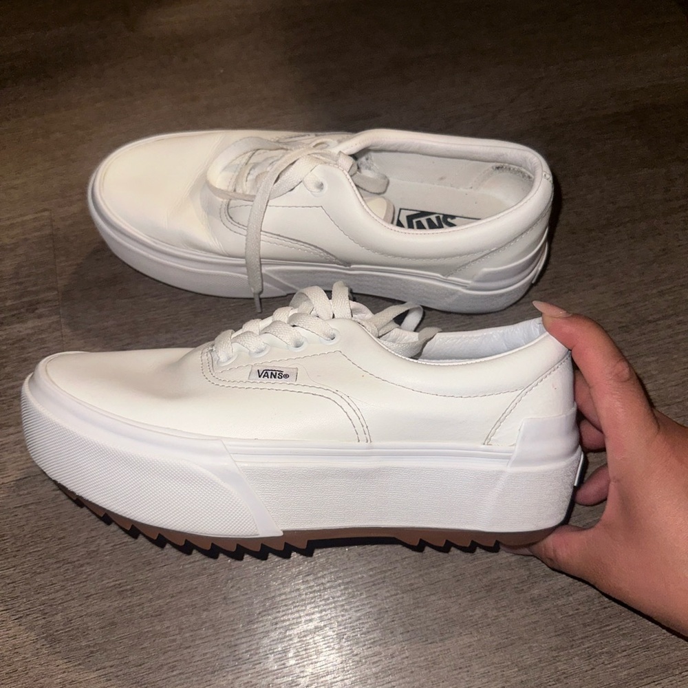 Vans White Platform Sneakers with Brown Outsole